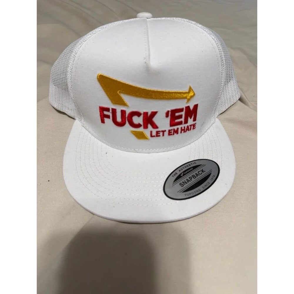 White Yupoong Trucker Snapback Hat - Let Em Hate Embroidered